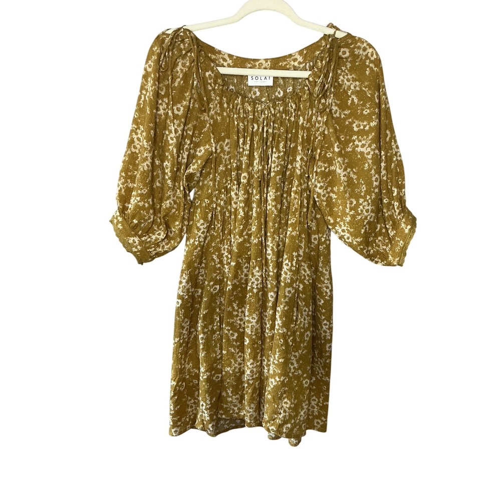 Solai The Label Floral Mini Dress Mustard Yellow Balloon Sleeve Boho M